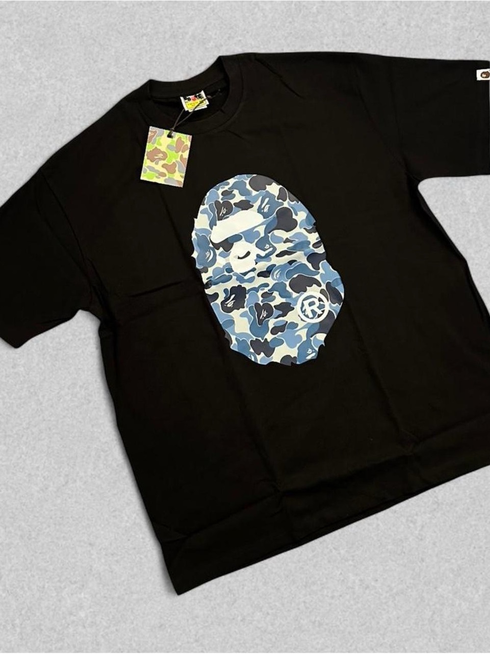 Bape Black Tee with Blue Camouflage Ape Head Graphic